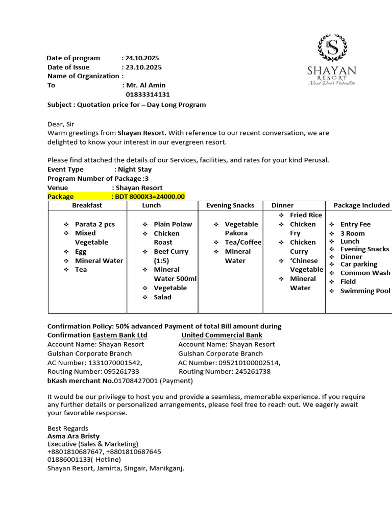 Shayan Resort Quotation for Event Package | PDF | Lunch | Eating ...