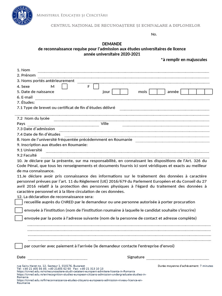 Demande de reconnaissance de diplômes en Roumanie | PDF