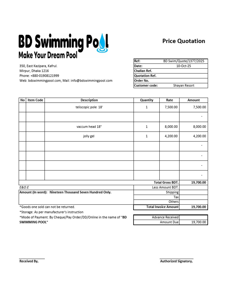 Price Quotation for Swimming Pool Equipment | PDF