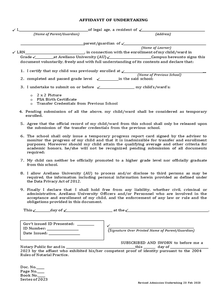 Affidavit of Undertaking for Enrollment | PDF | Affidavit