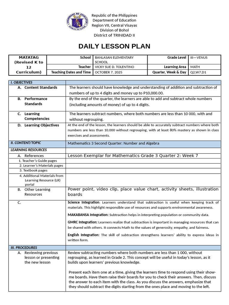 Co DLP Math 3 q2w7 Day1 | PDF | Subtraction | Learning