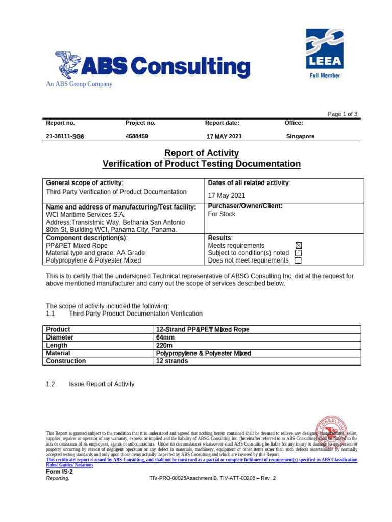 Certificate - Report On - Wci Mooring Ropes Catálogo Comprimido | PDF ...