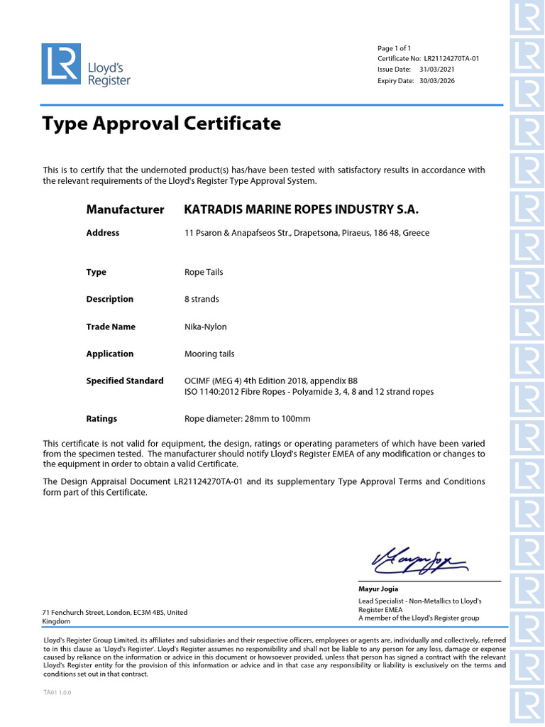 Type Approval Certificate for Rope Tails | PDF | Rope | Business Law