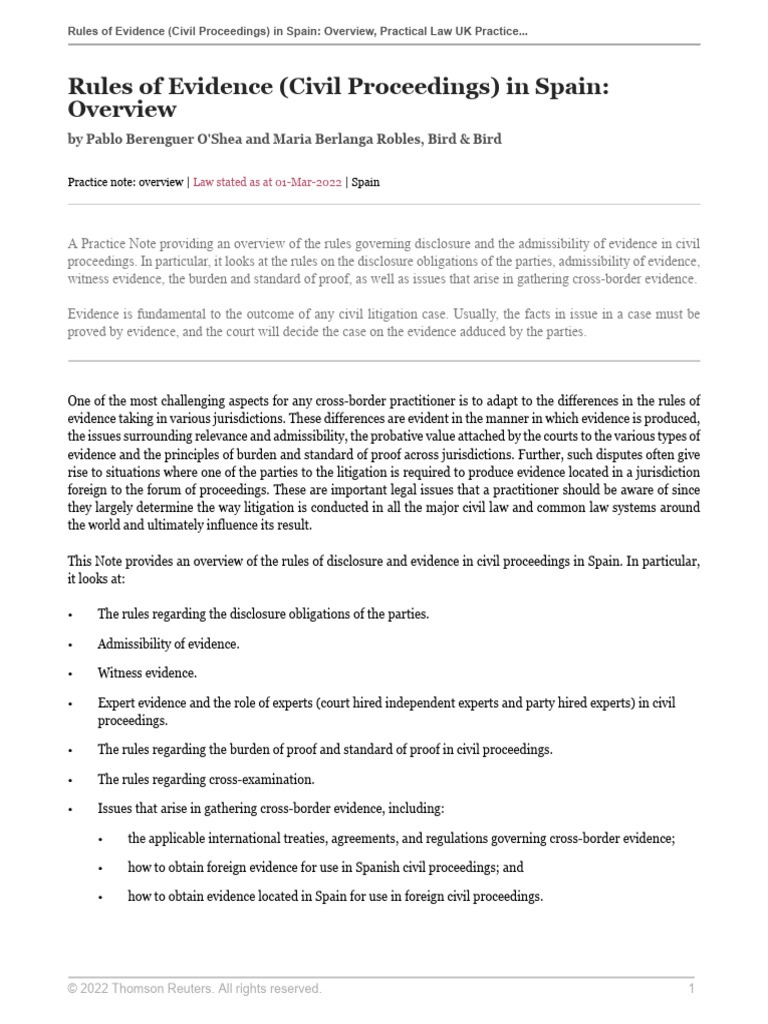 Evidence Rules in Spanish Civil Proceedings | PDF | Evidence (Law ...