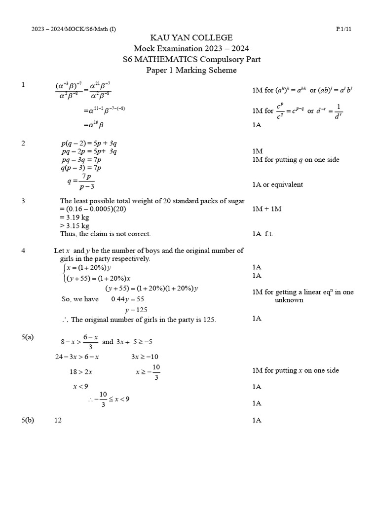 S6 Mathematics Mock Exam Marking Scheme | PDF | Area | Elementary Geometry