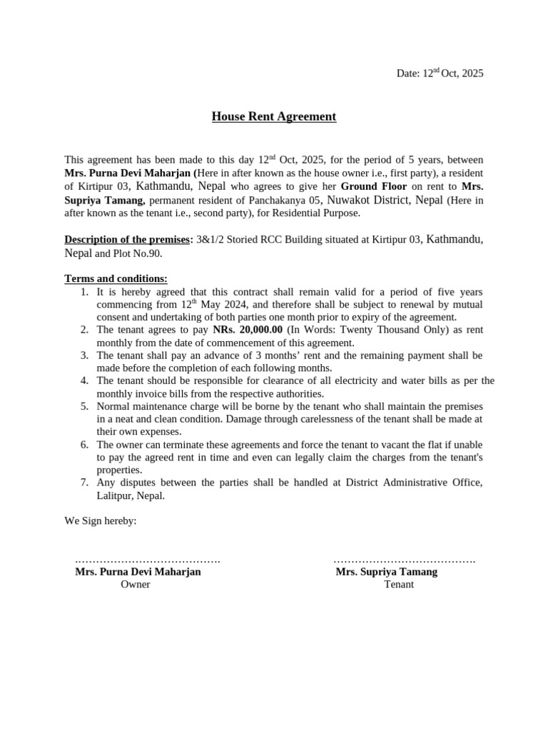 Kirtipur House Rent Agreement 2025 | PDF