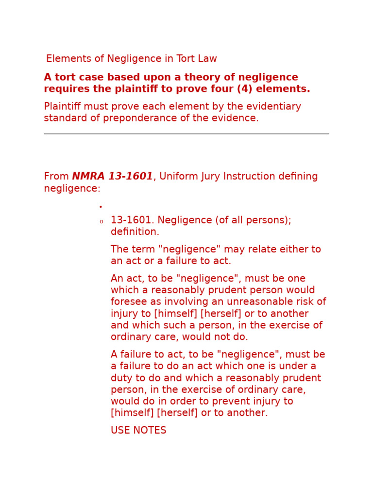 Four Elements of Negligence Tort | PDF | Negligence | Duty Of Care