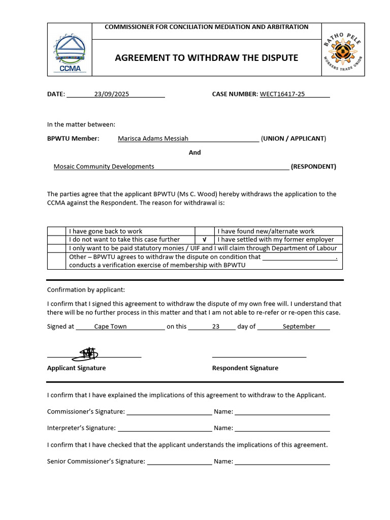 CCMA Dispute Withdrawal Agreement | PDF