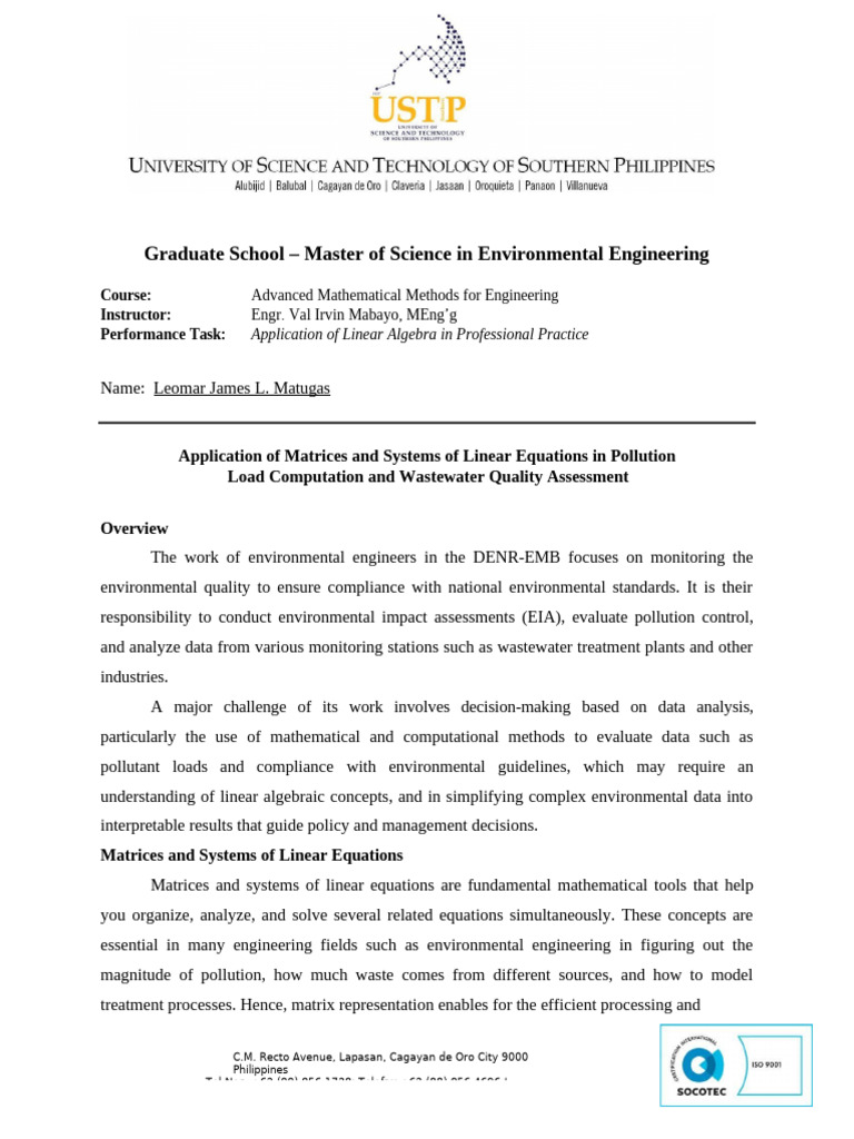 Linear Algebra in Environmental Engineering | PDF | Mathematics ...