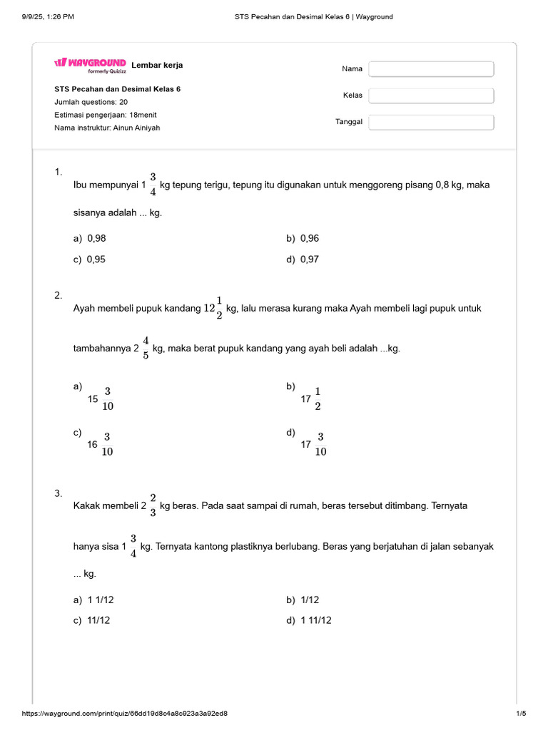 Soal Pecahan dan Desimal Kelas 6 | PDF