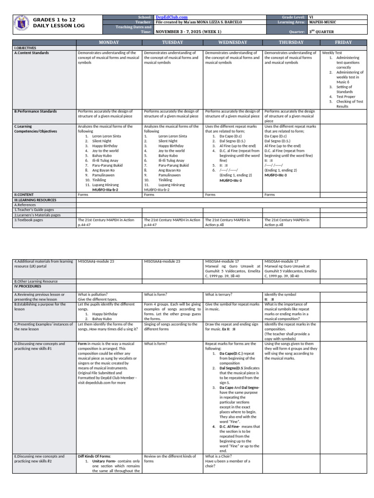 MAPEH Music Lesson Plan for Grade VI | PDF | Musical Forms