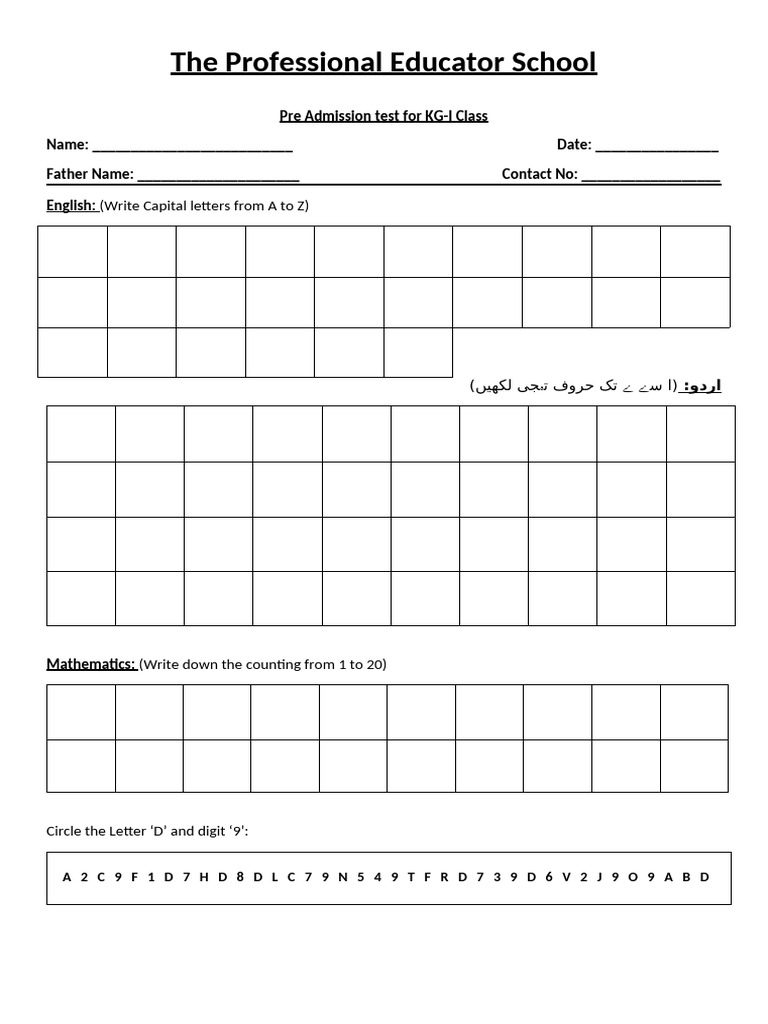 KG-I Pre Admission Test Template | PDF