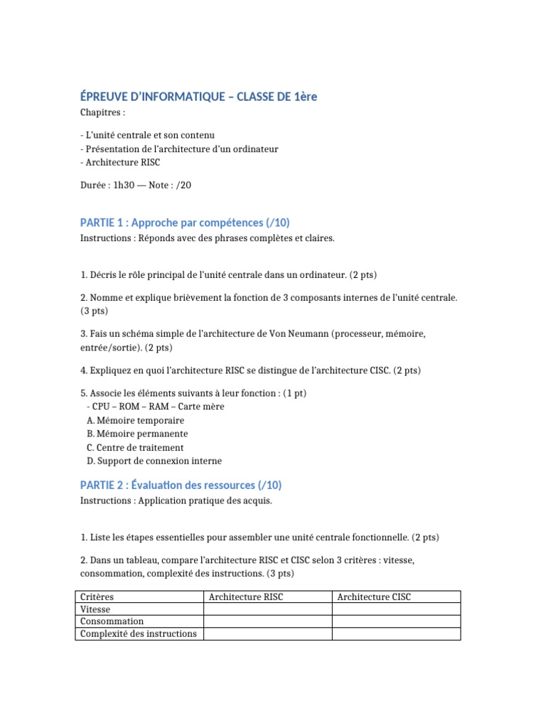 Épreuve Informatique 1ère : Unité Centrale et Architectures | PDF
