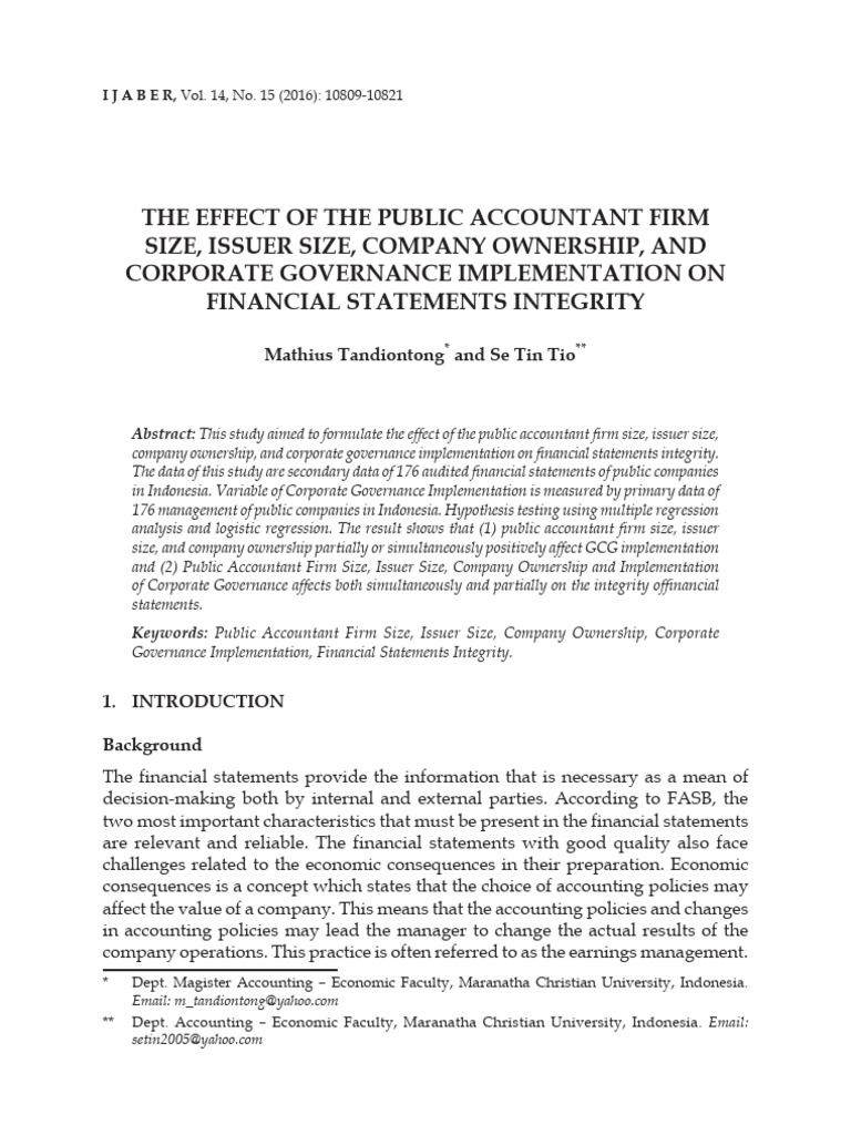 The Effect of The Public Accountant Firm Size, Issuer Size, Company ...