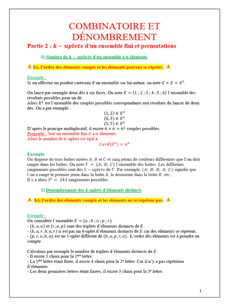 Dénombrement des k-uplets et permutations | PDF | Ensemble ...