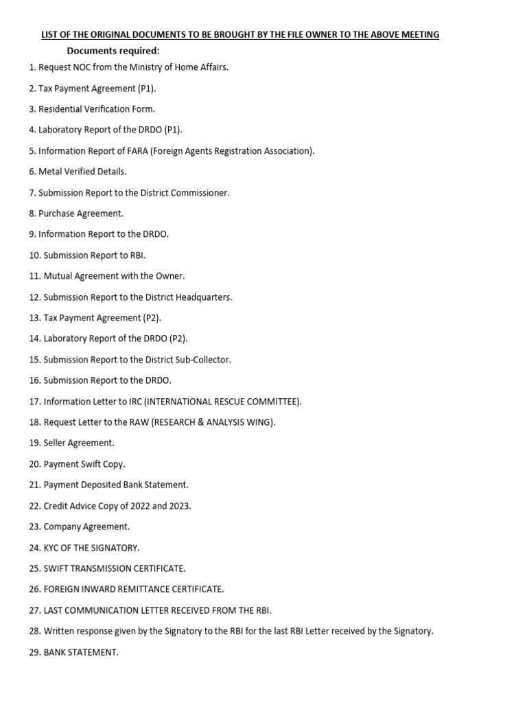Required Documents for Meeting Checklist | PDF | Banks