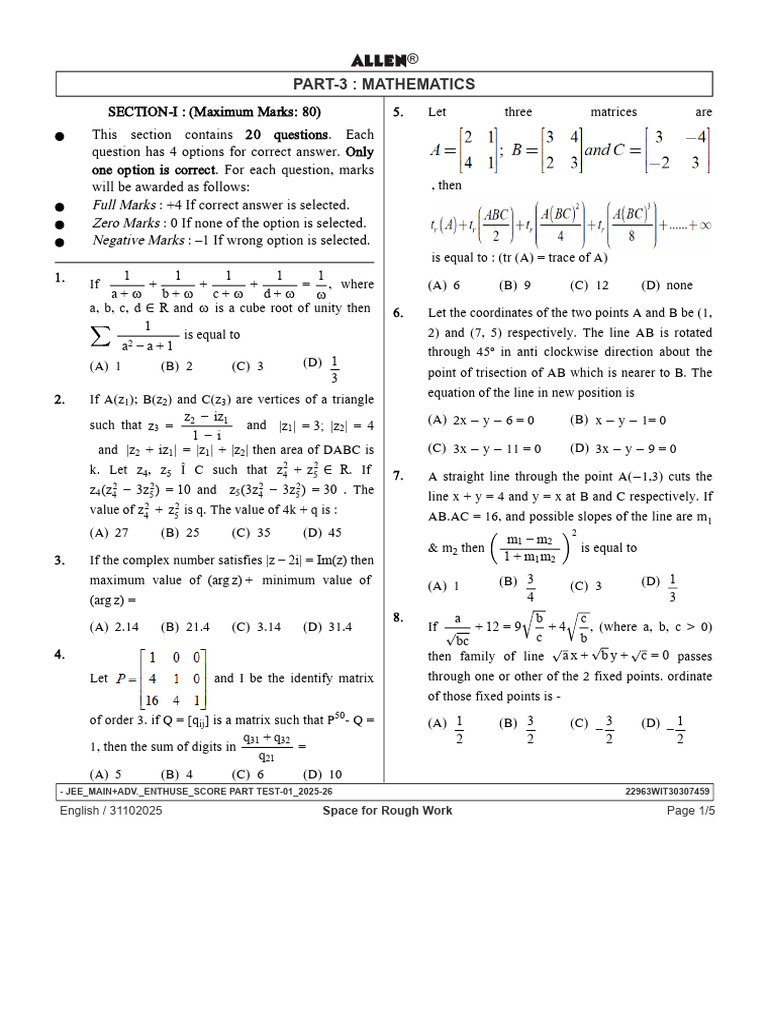JEE Mathematics Test Part 3 2025-26 | PDF | Geometry | Mathematical Objects