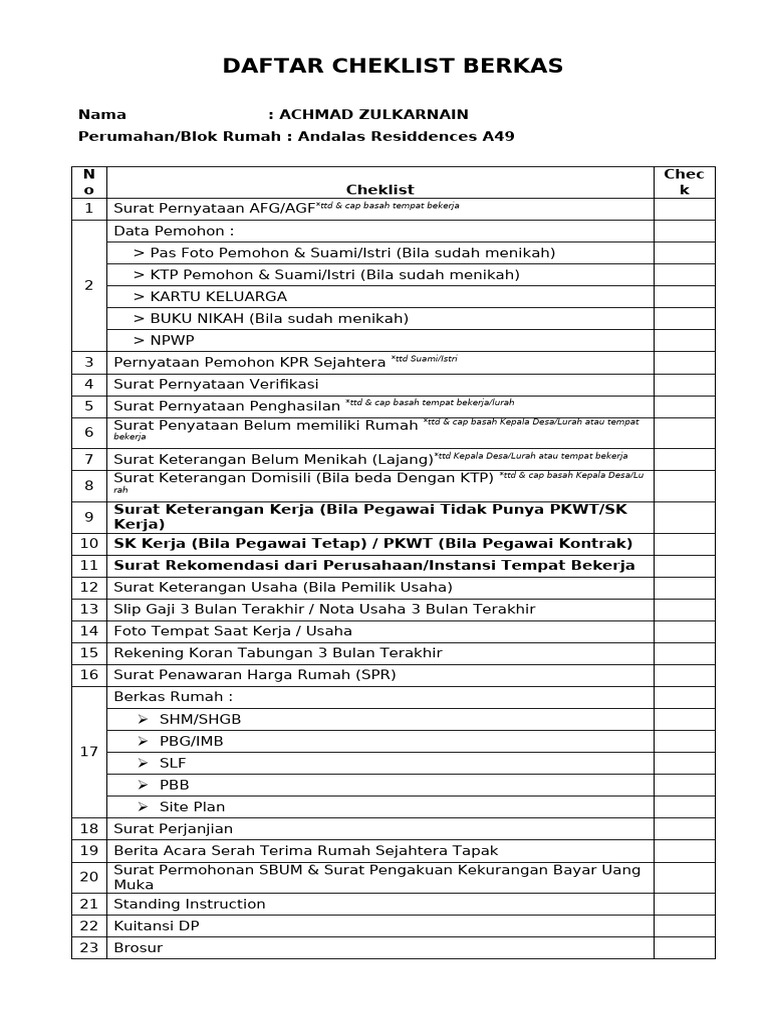 Checklist Berkas KPR Sejahtera 2023 | PDF