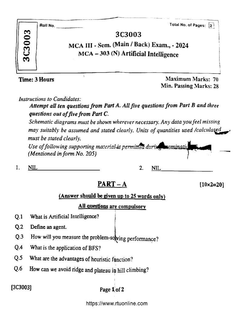 Mca 3 Sem Artificial Intelligence 3c3003 2024 | PDF