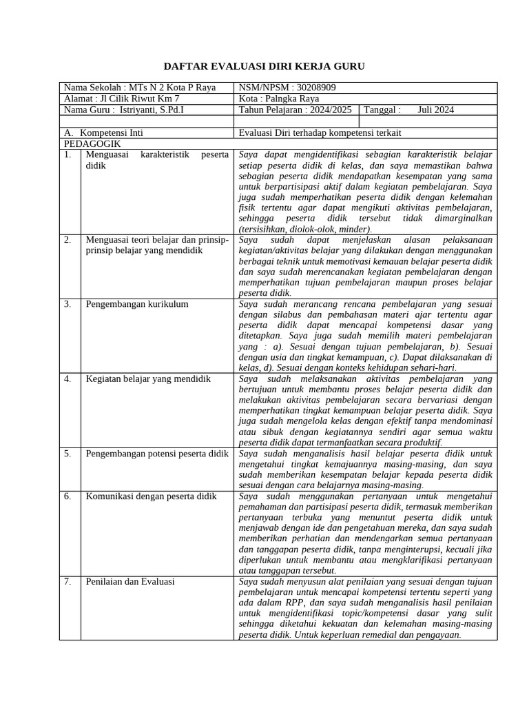 Evaluasi Diri Kerja Guru MTs N 2 Kota P | PDF