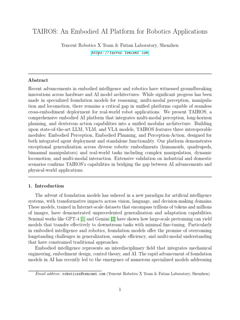 tairos技术报告（腾讯） | PDF | Embodied Cognition | Robotics