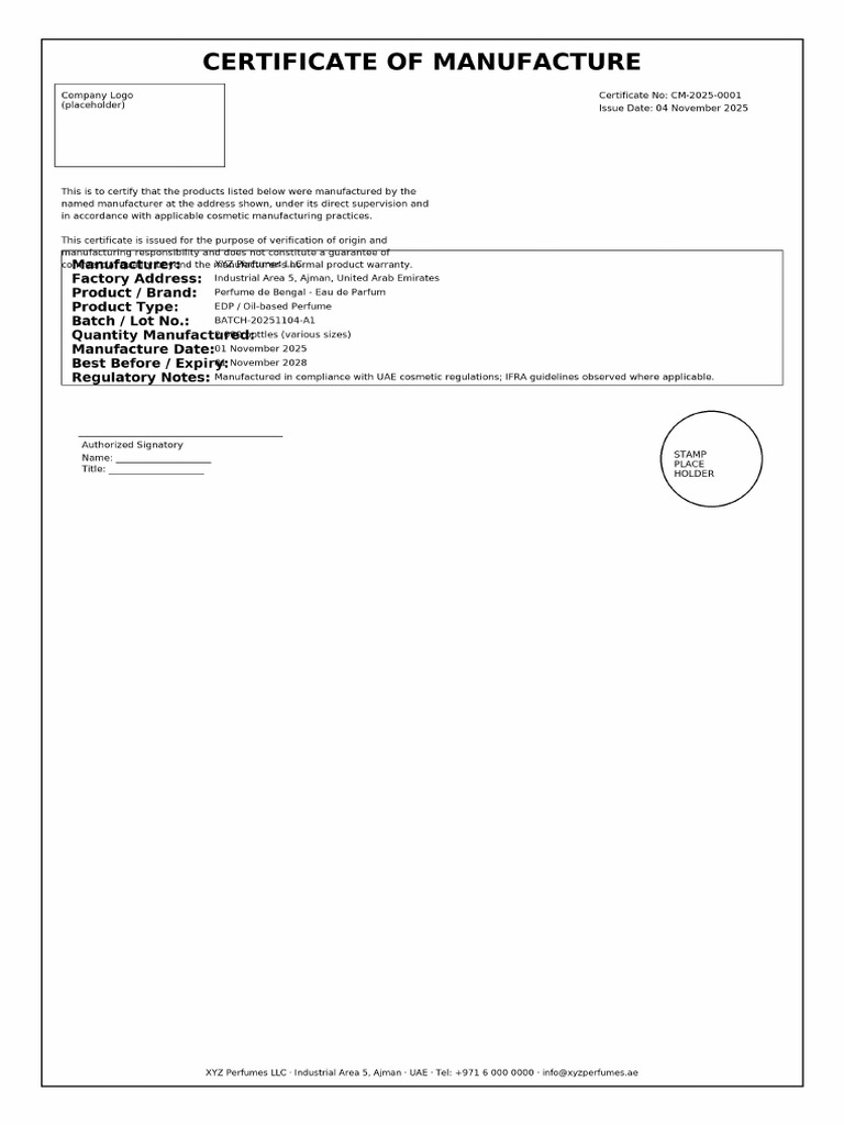 Certificate of Manufacture Dummy | PDF