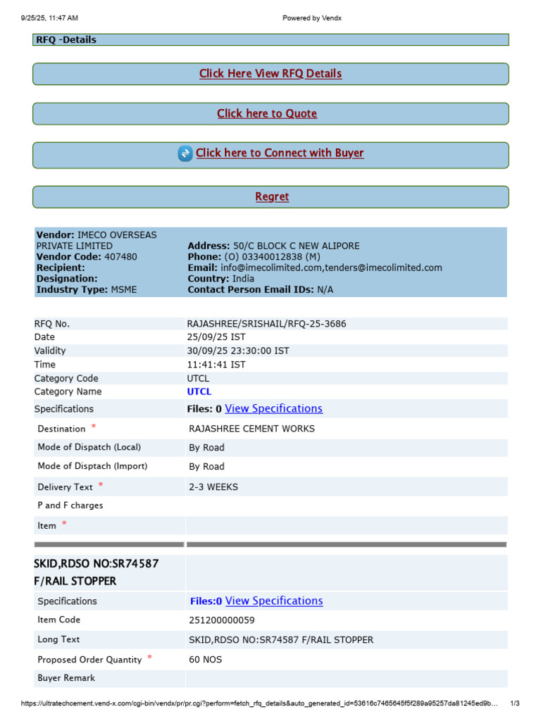 RFQ for SKID F/RAIL STOPPER - UTCL | PDF | Procurement