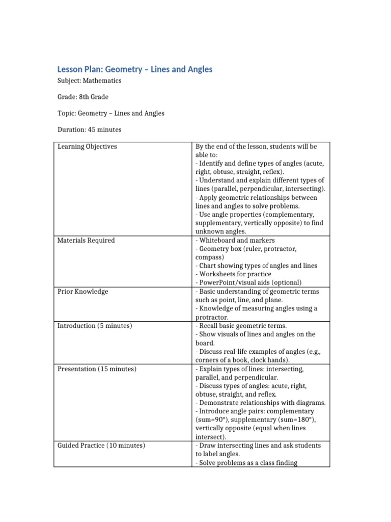 Lesson Plan Lines and Angles Grade8 | PDF | Angle | Geometry