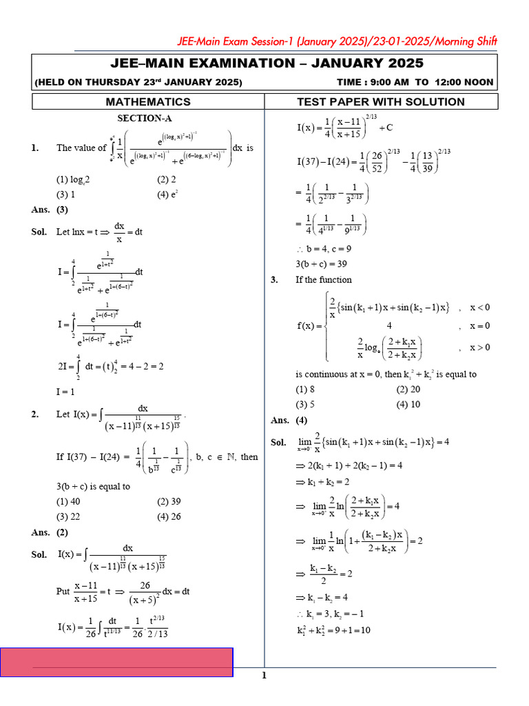 JEE Main 2025 Question Paper With Solution 23 Jan Shift 1 PDF | PDF ...