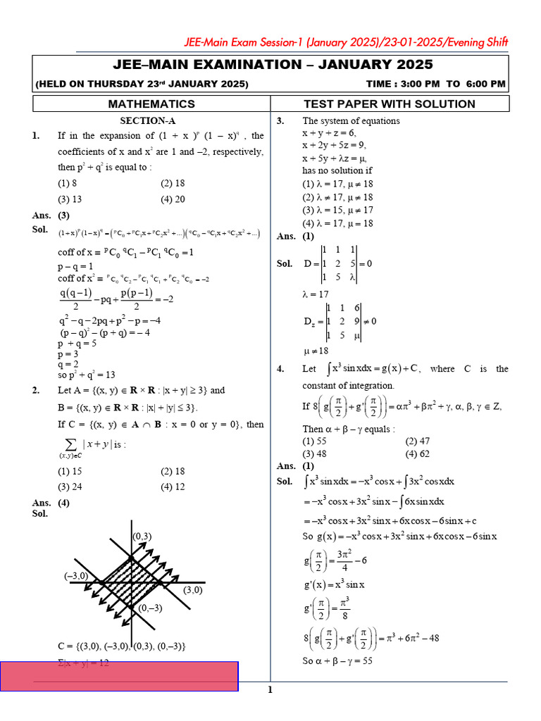 JEE Main January 2025 Mathematics Solutions | PDF | Geometry ...