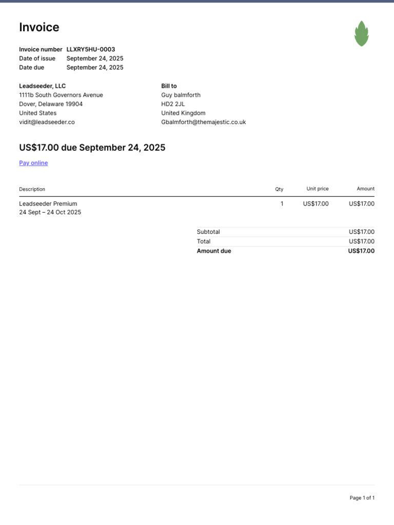 Invoice for Leadseeder Premium Service | PDF