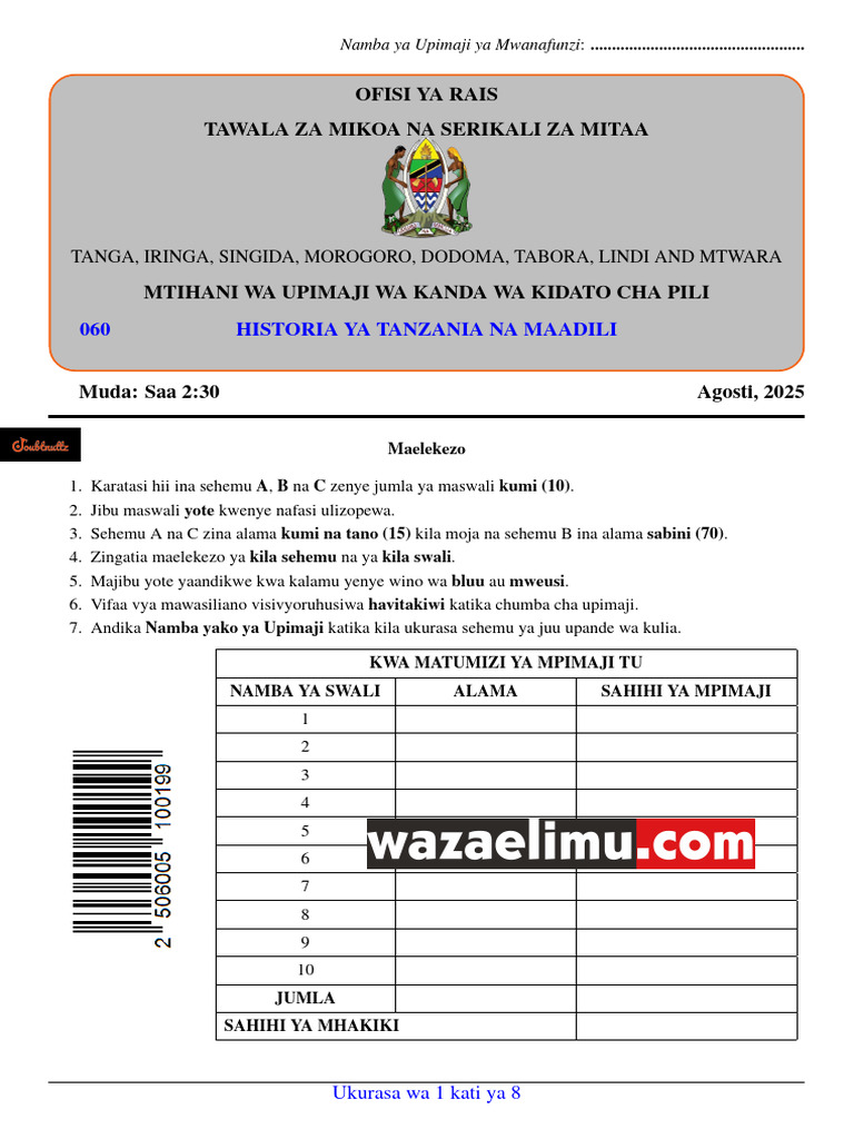 Historia Ya Tanzania Na Maadili | PDF