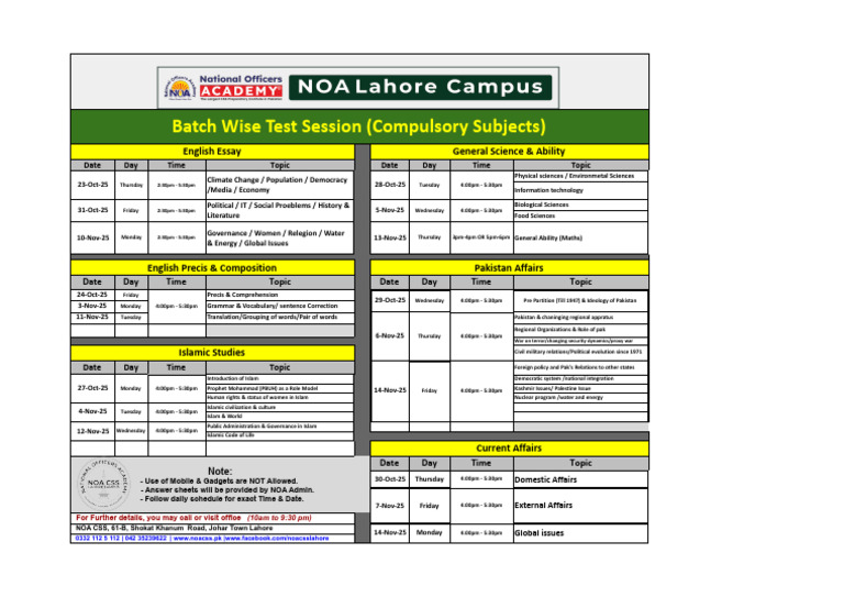 Batch Test Schedule for Compulsory Subjects | PDF | Pakistan
