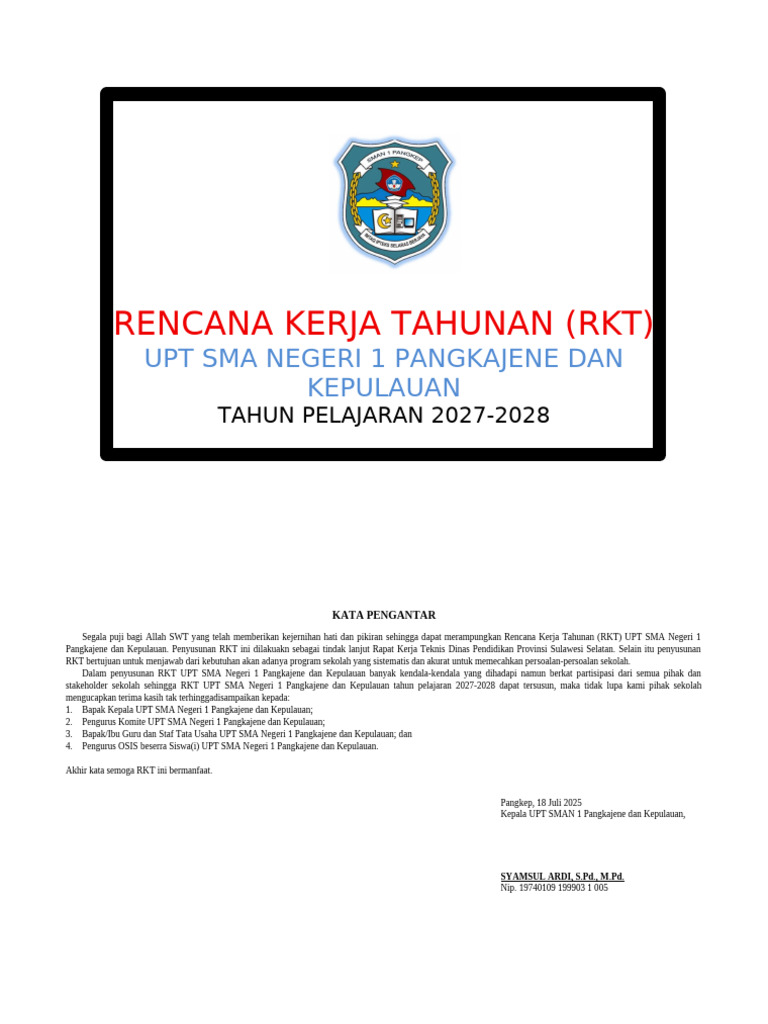 RKT UPT SMA 1 Pangkajene 2027-2028 | PDF