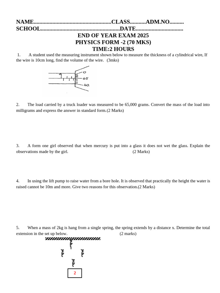2025 Physics f2 Qs End t3 s2 Teacher Co Ke | PDF | Liquids | Pressure