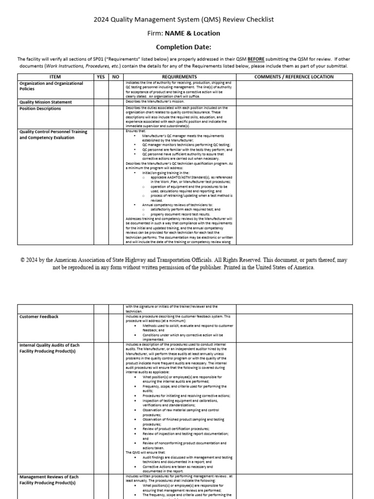 2024 Quality Management System Checklist | PDF | Verification And ...