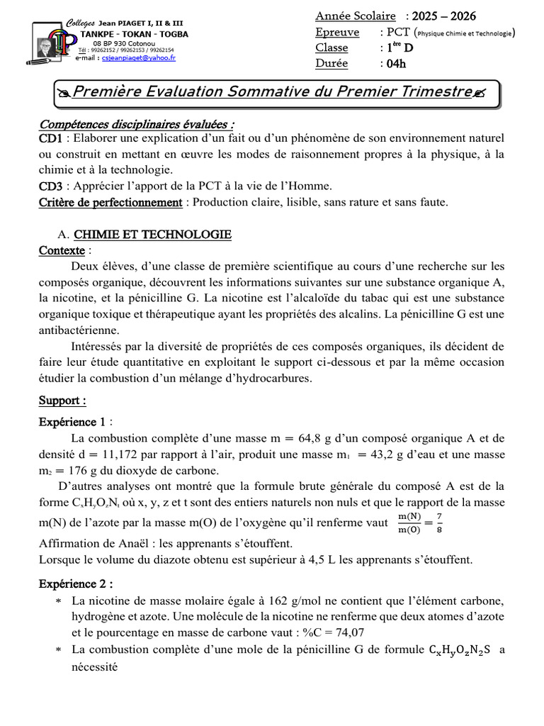 Évaluation PCT : Chimie et Physique 1ère D | PDF | Gaz | Nitrogène