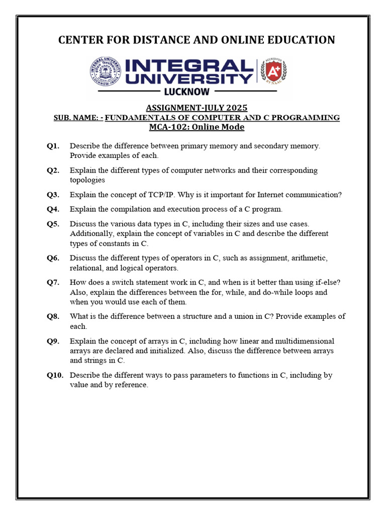 Computer Programming Assignment MCA-102 | PDF