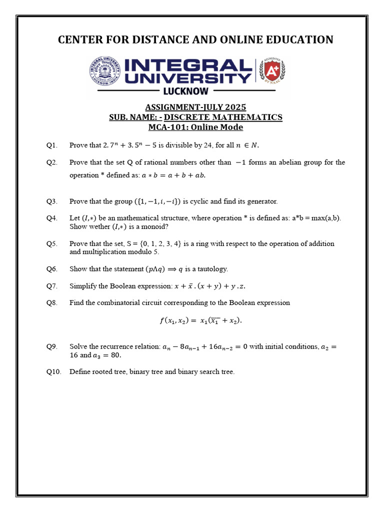 Discrete Mathematics Assignment July 2025 | PDF