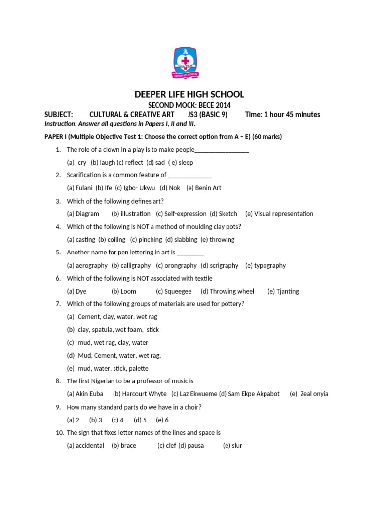 BECE 2014 Cultural & Creative Art Exam | PDF | Clef