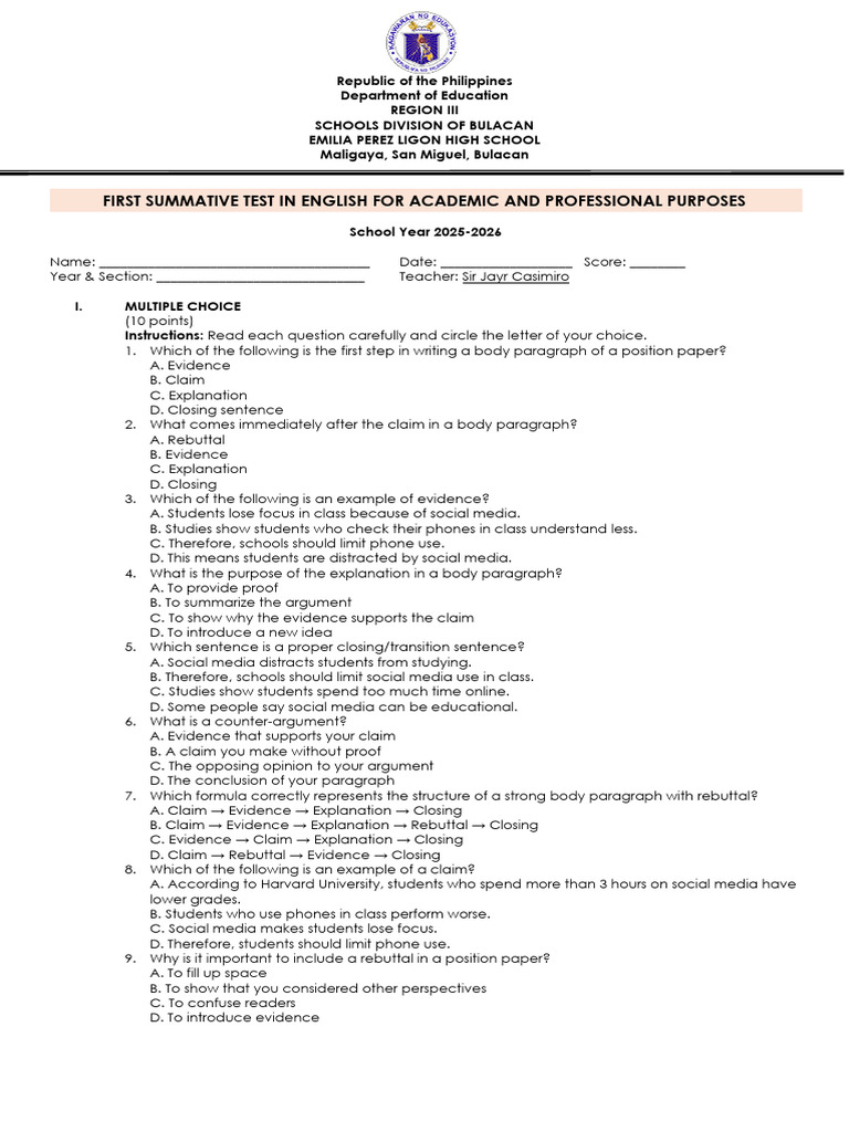First Summative Test in English 2025-2026 | PDF