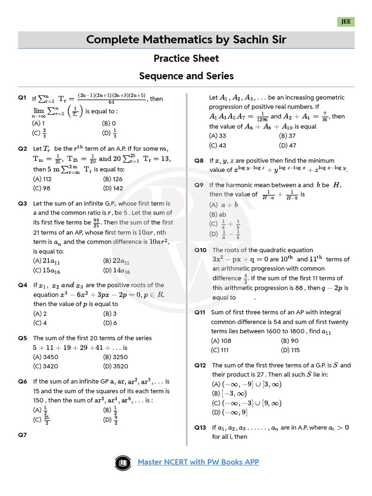 JEE Mathematics Practice Questions | PDF | Mathematics | Mathematical ...