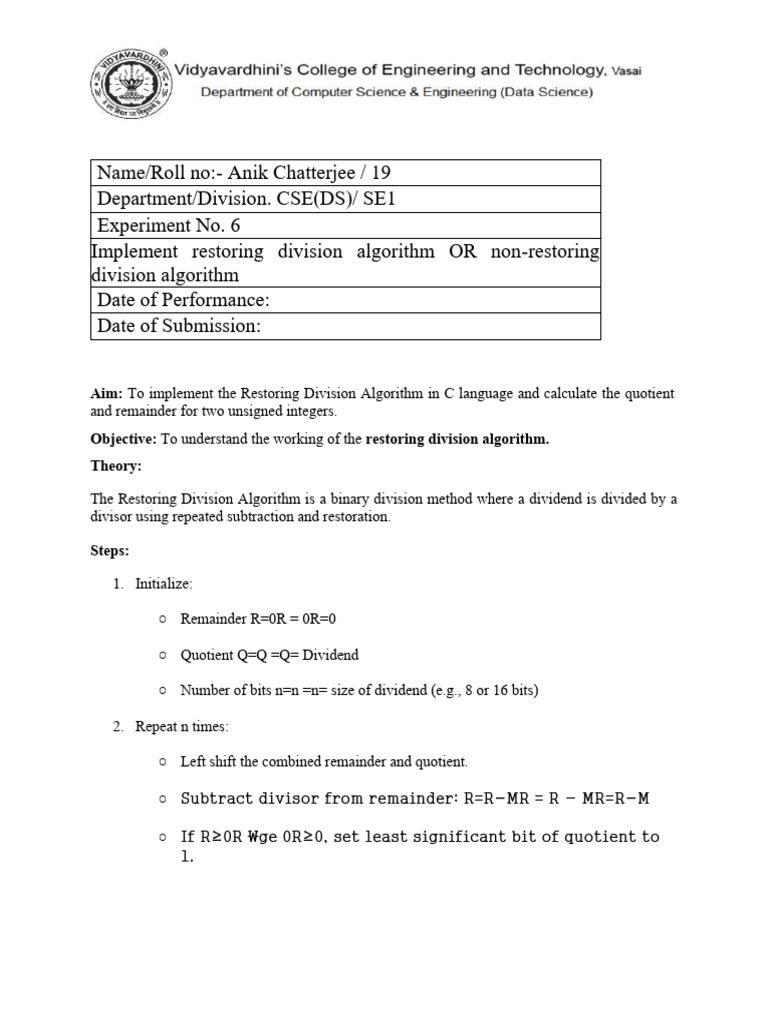 Implement Restoring Division in C | PDF | Division (Mathematics ...