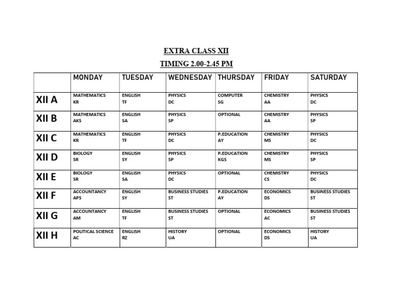 Class XII Extra Timing Schedule | PDF