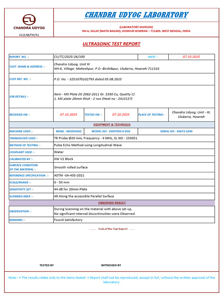 Ultrasonic Test Reports for MS Plates | PDF | Ultrasound | Laboratories