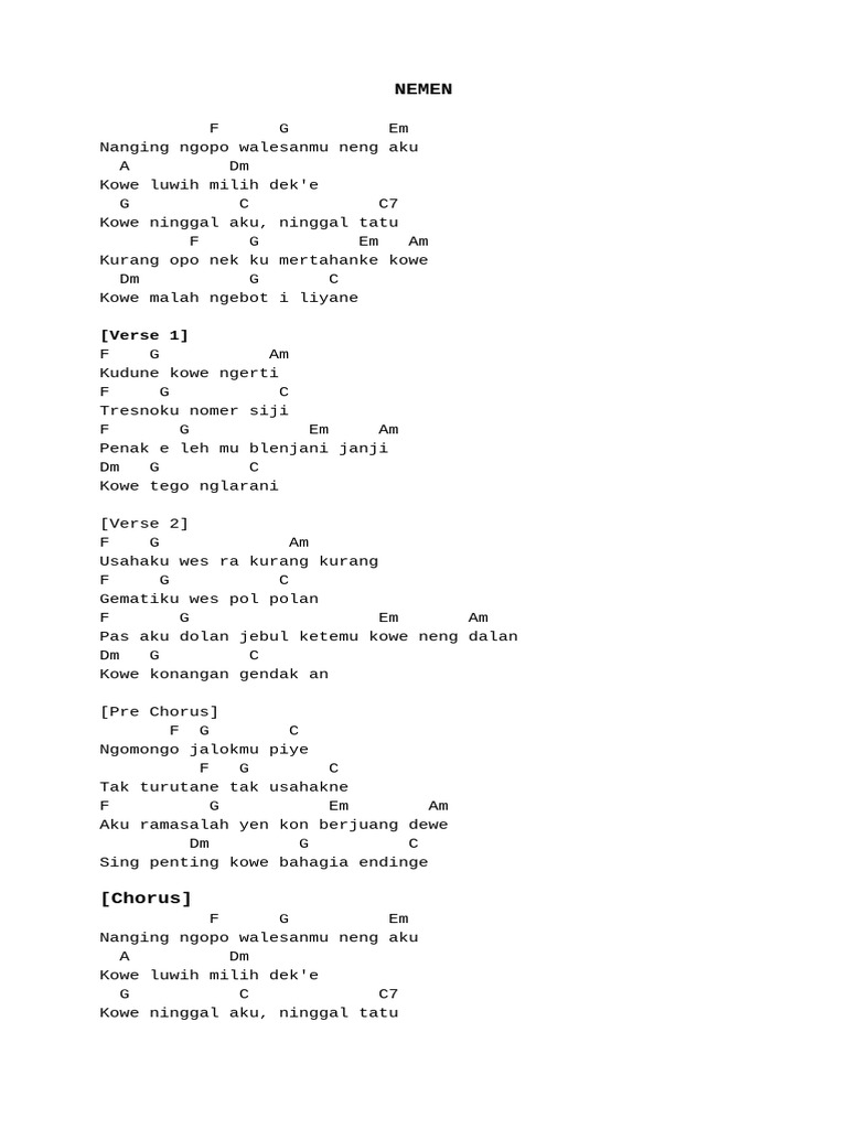 Lirik Lagu Nemen: Cinta yang Terluka | PDF