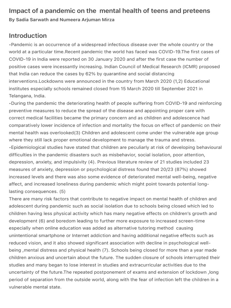 Impact of A Pandemic On The Mental Health of Teens and Preteens | PDF ...