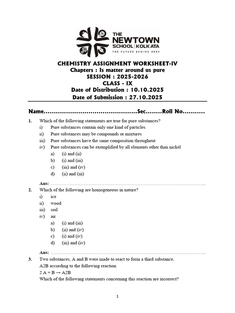 Chemistry Assignment on Pure Substances | PDF | Chemical Substances ...