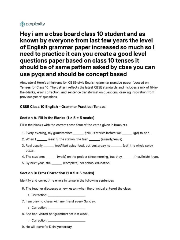 CBSE Class 10 English Grammar: Tenses Practice | PDF | Perfect (Grammar ...
