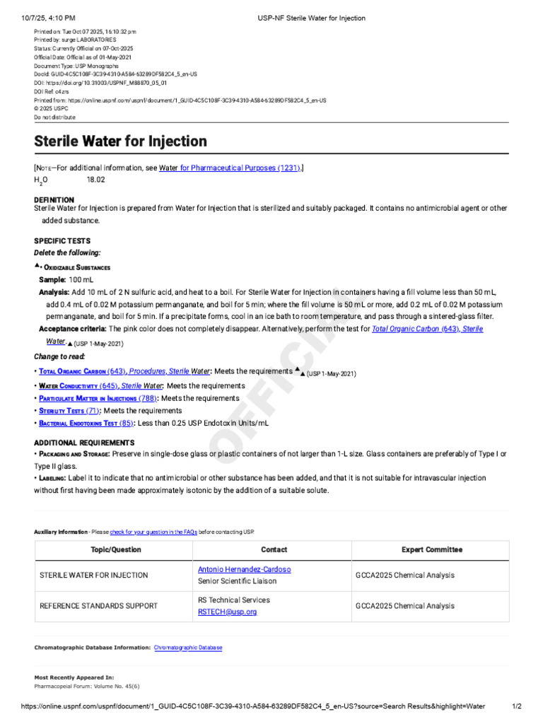 USP Monograph: Sterile Water for Injection | PDF | Total Organic Carbon ...